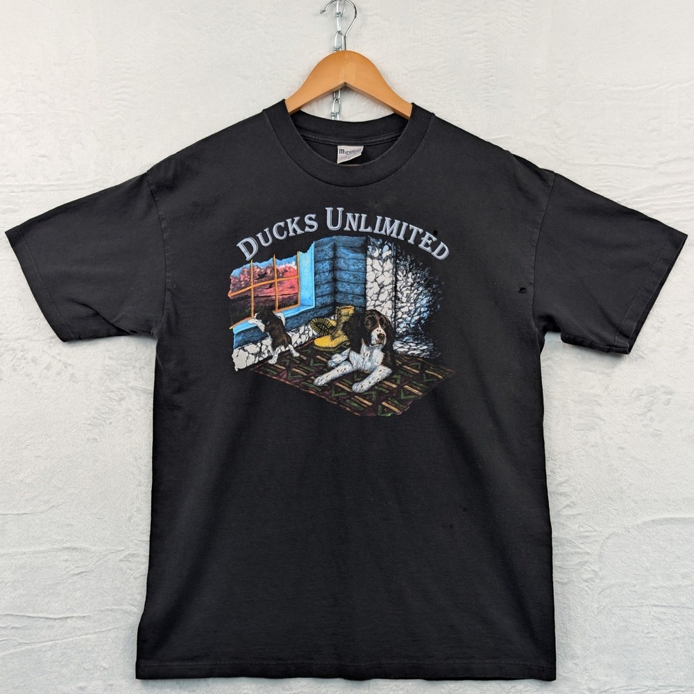 VTG Marathon Apparel T Shirt Men L Black Ducks Unlimited Outdoor Art USA 90s